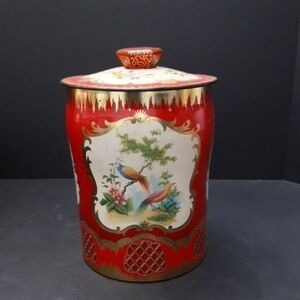 Vintage Red/Gold Decorative Tin with Bird Motif.